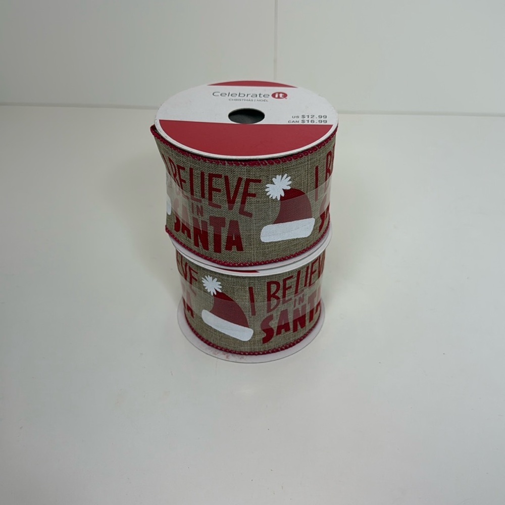 2 NWT “I Believe in Santa” 2 1/2” Wired Ribbon 20 Feet Long